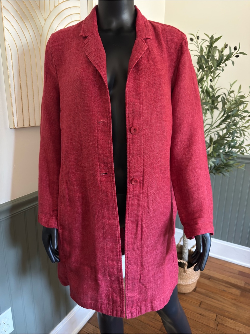 Eileen Fisher 100% Linen Raspberry Red Long Jacket | Chic Lightweight Layer - Picture 7 of 17